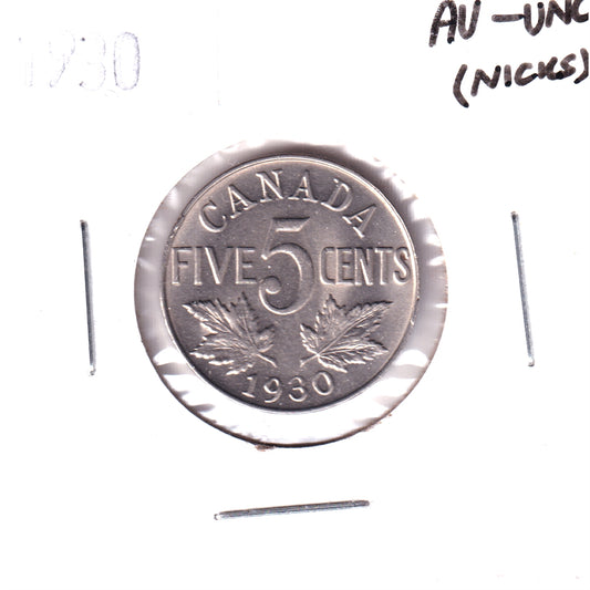 1930 Canada 5-cents AU-UNC (AU-55) Scratch, cleaned or impaired
