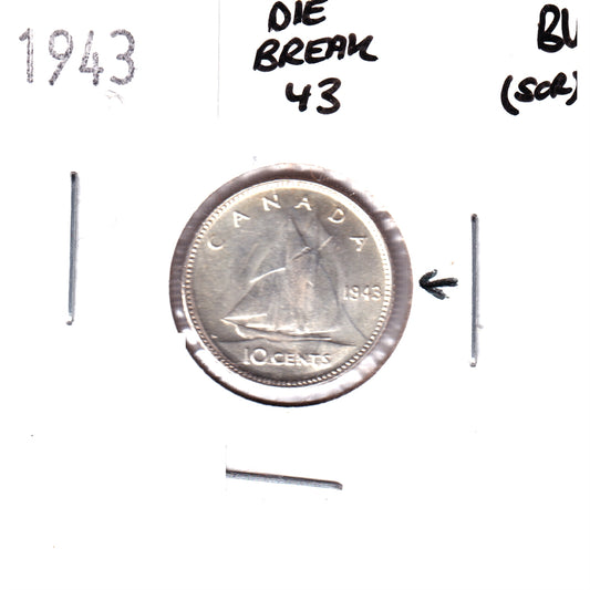 ERROR 1943 Canada 10-cents Brilliant Uncirculated (MS-63) Die Break 43 (scratched)