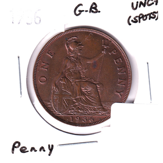 Great Britain 1936 Penny UNC+ (MS62) Spots