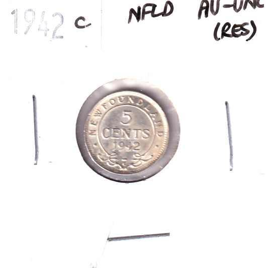 1942C Newfoundland 5-cents AU-UNC (AU-55) Residue, Scratched, Cleaned, or Impaired