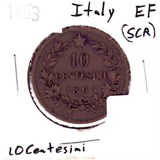 Italy 1863 10 Centesimi Extra Fine (EF-40) Scratched