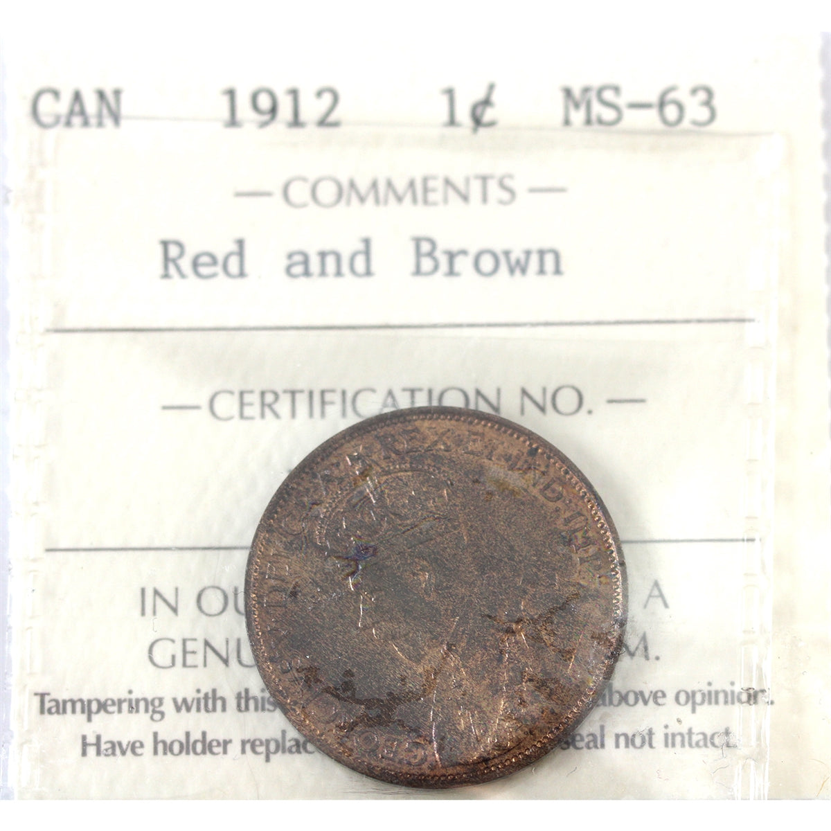 1912 Canada 1-cent ICCS Certified MS-63 Red & Brown