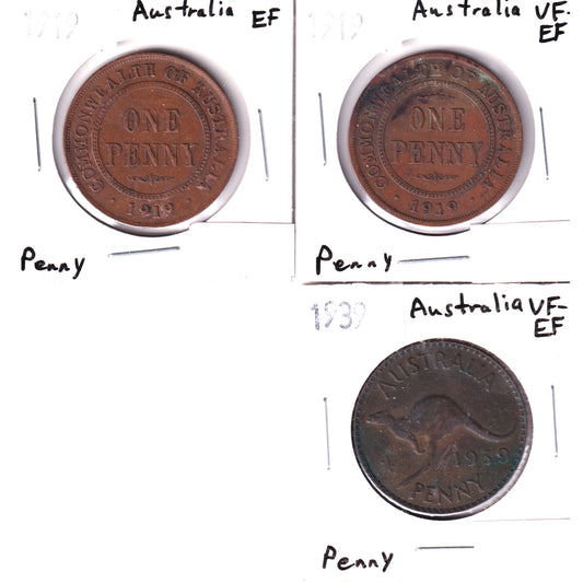 Lot of 2x Australia 1919 & 1x 1939 Pennies VF-EF (VF30) or Extra Fine (EF40), 3Pcs