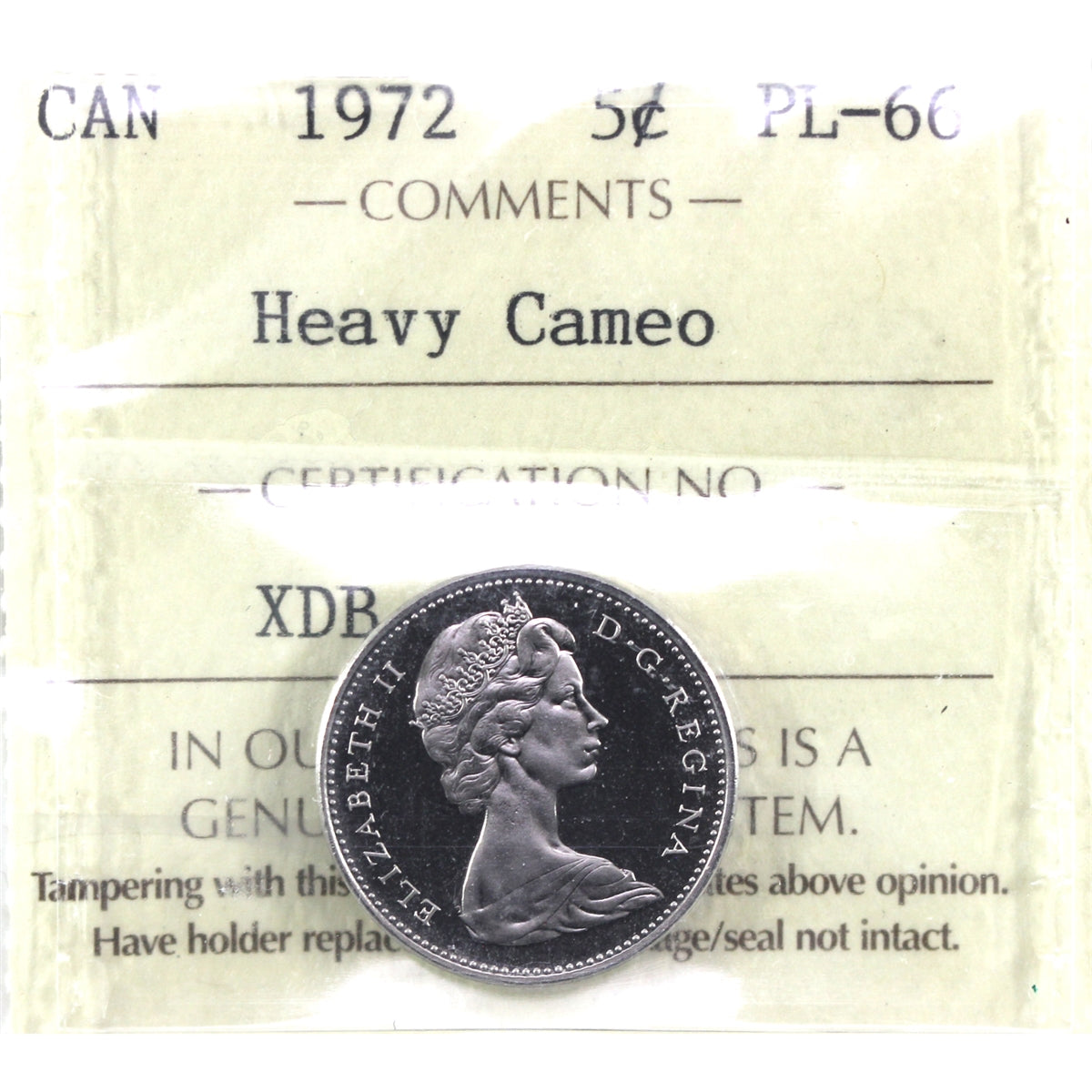 1972 Canada 5-cents ICCS Certified PL66 Heavy Cameo