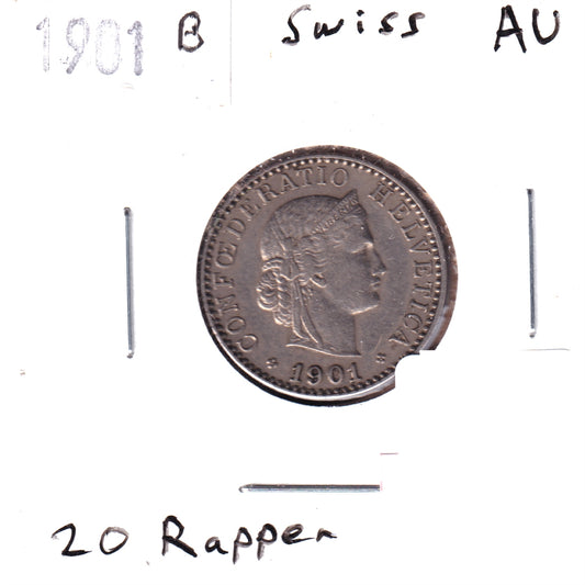 Switzerland 1901B 20 Rappen Almost Uncirculated (AU50)