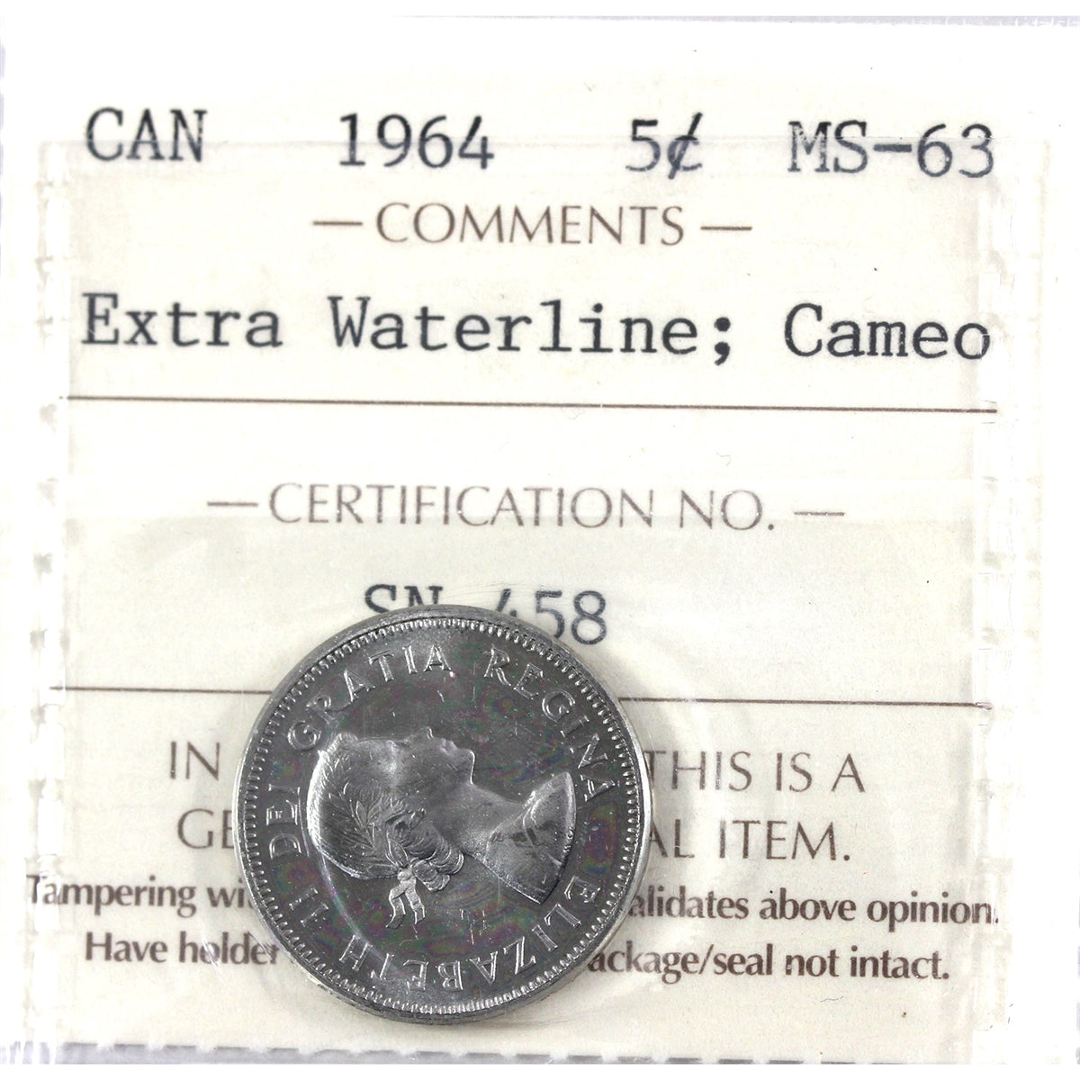 1964 Extra Waterline Canada 5-cents ICCS Certified MS-63 Cameo
