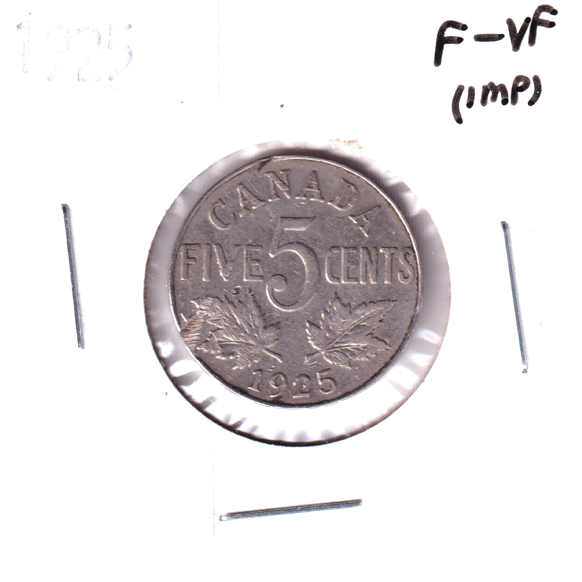 1925 Canada 5-cents F-VF (F15) Scratched, Cleaned or Impaired