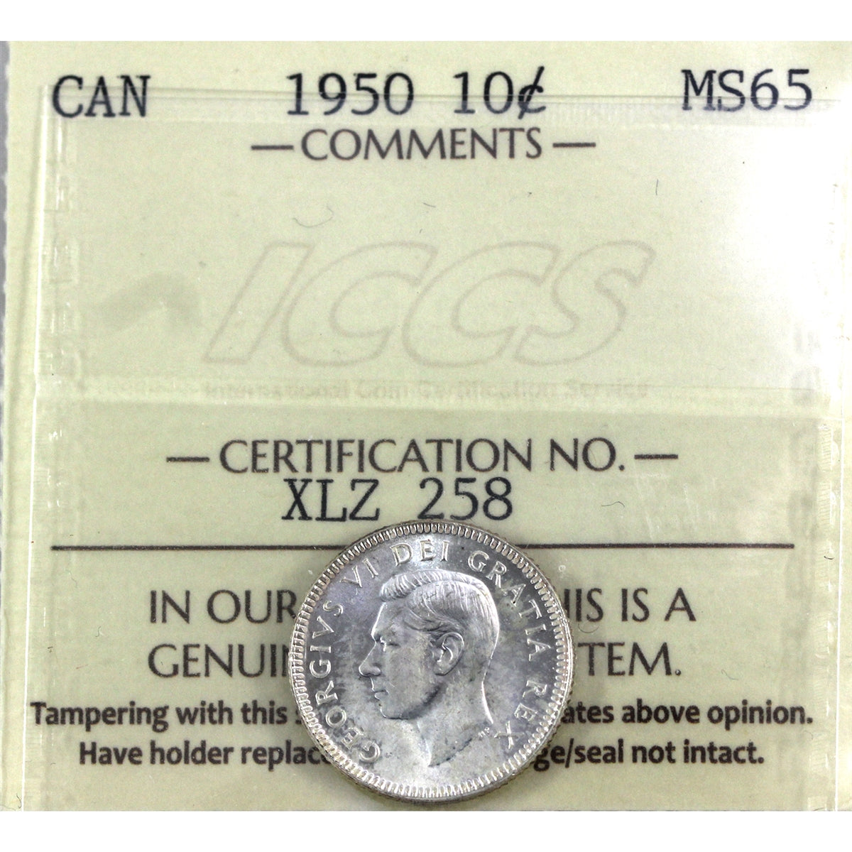 1950 Canada 10-cents ICCS Certified MS65