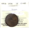 1936 Newfoundland 1-cent ICCS Certified MS60 Brown