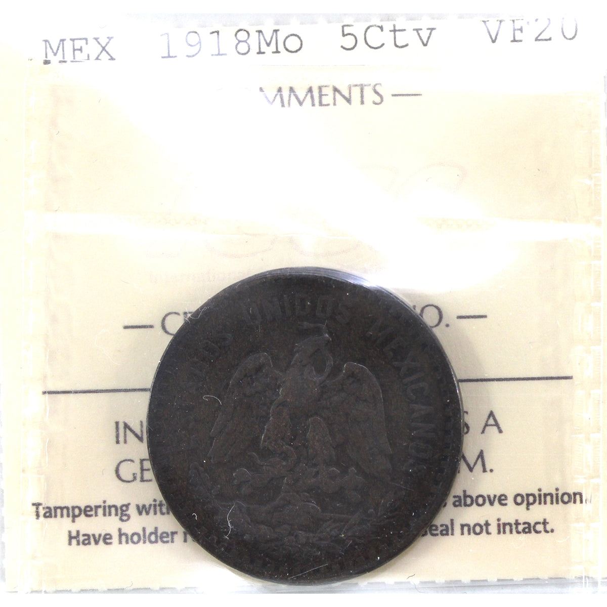 Mexico 1918Mo 5 Centavos ICCS Certified VF20