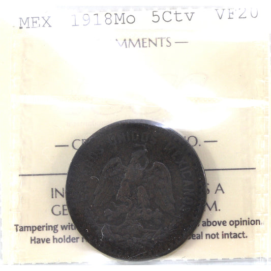 Mexico 1918Mo 5 Centavos ICCS Certified VF20