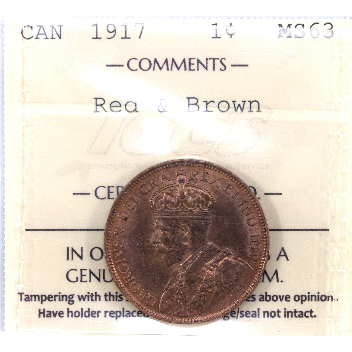 1917 Canada 1-cent ICCS Certified MS63 Red & Brown