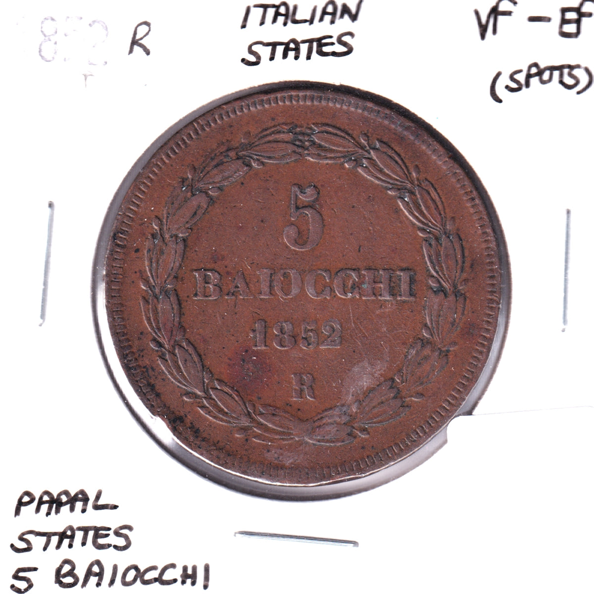 Italian States 1852R Papal States 5 Baiocchi VF-EF (VF-30) spots