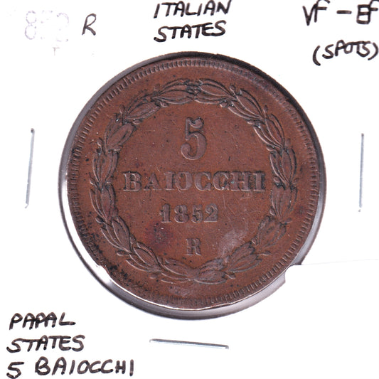 Italian States 1852R Papal States 5 Baiocchi VF-EF (VF-30) spots