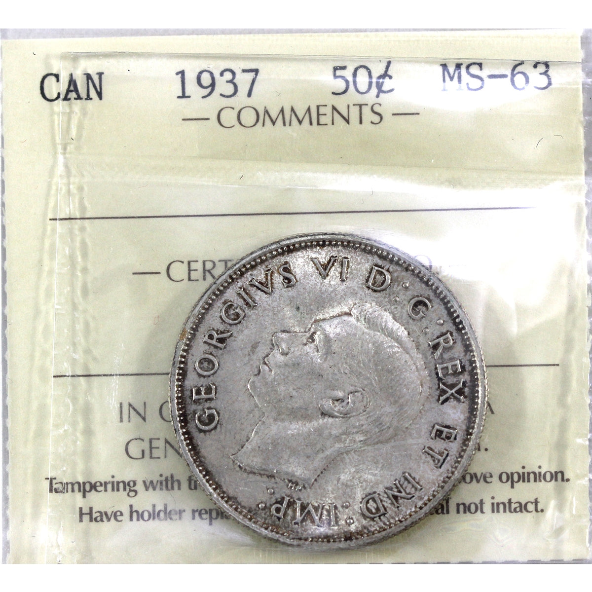 1937 Canada 50-cents ICCS Certified MS63
