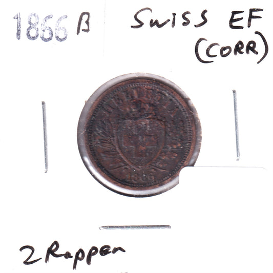 Switzerland 1866B 2 Rappen Extra Fine (EF40) Corrosion