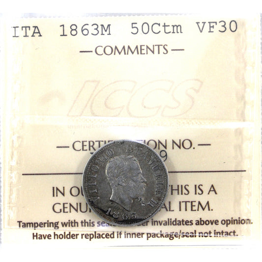 Italy 1863M 50 Centesimi ICCS Certified VF-30