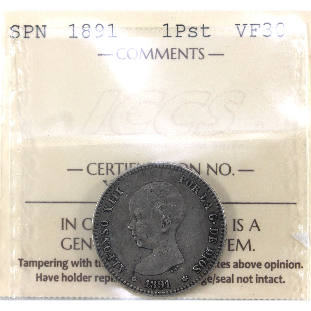 Spain 1891 1 Peseta ICCS Certified VF30