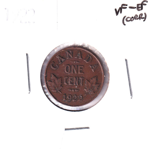 1922 Canada 1-cent VF-EF (VF30) Scratched, Cleaned or Impaired