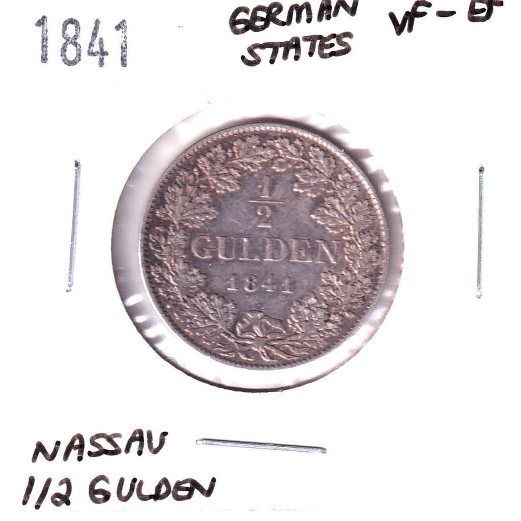 German States 1841 Nassau 1/2 Gulden VF-EF (VF30)