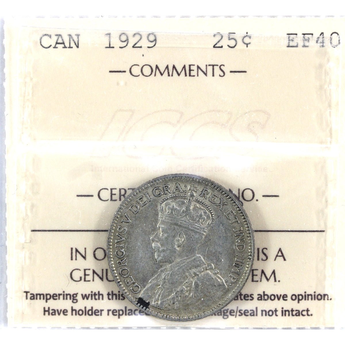1929 Canada 25-cents ICCS Certified EF40