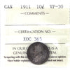 1911 Canada 10-cents ICCS Certified VF30
