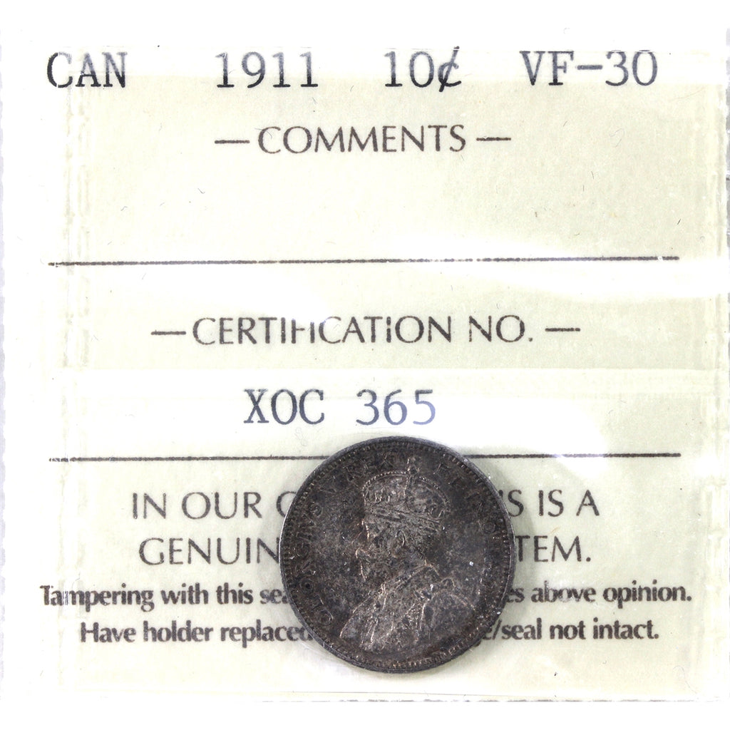 1911 Canada 10-cents ICCS Certified VF30