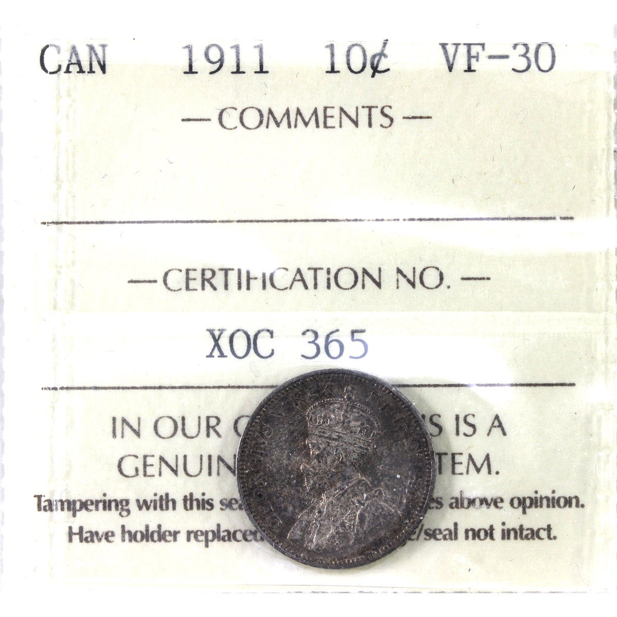 1911 Canada 10-cents ICCS Certified VF30