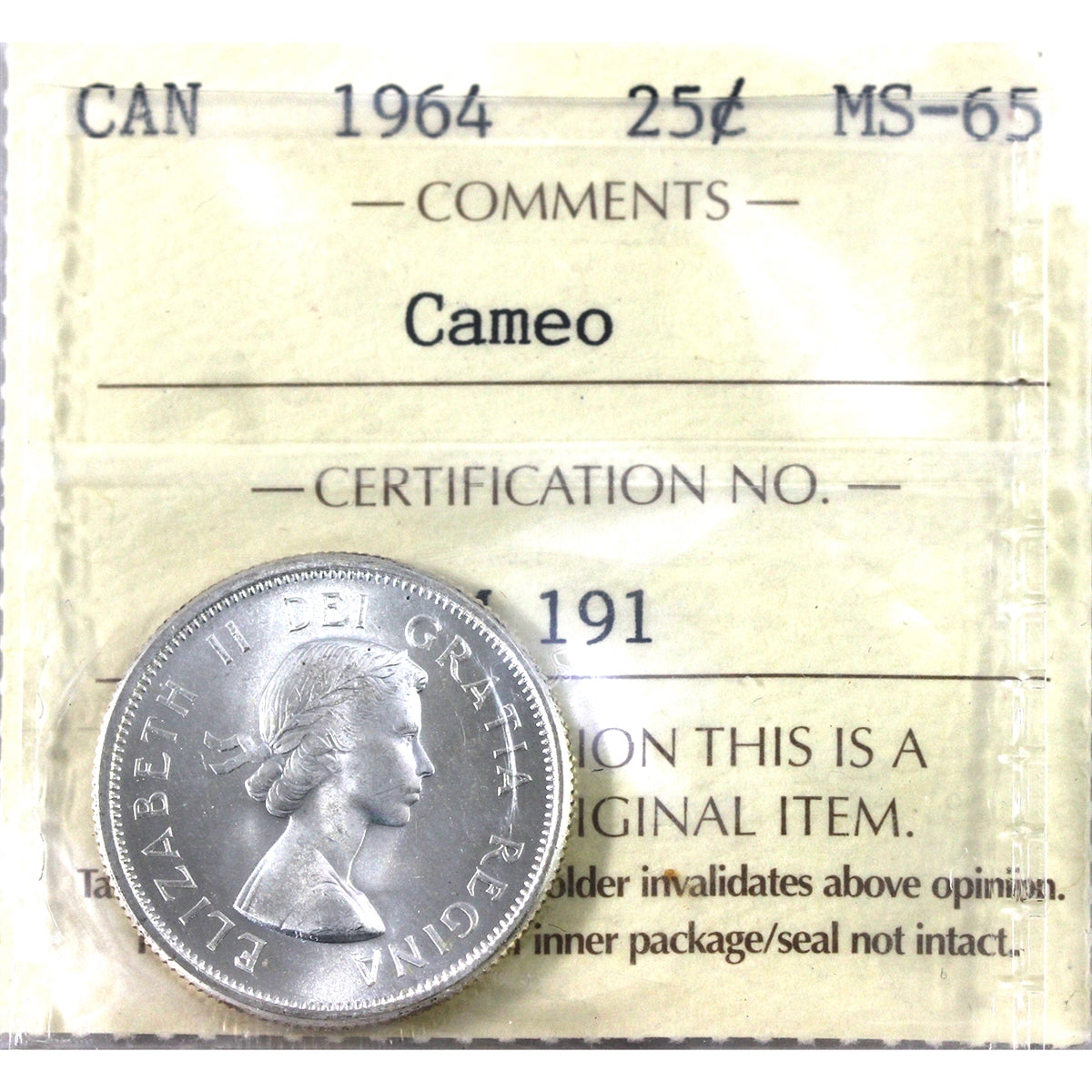1964 Canada 25-cents ICCS Certified MS65 Cameo
