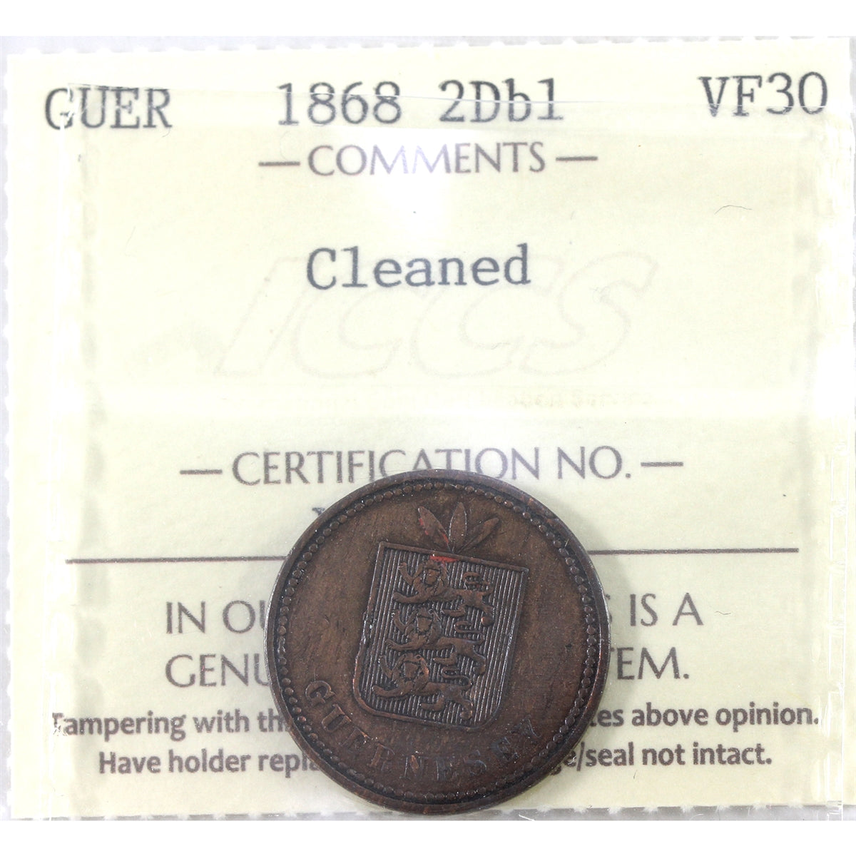 Guernsey 1868 2 Doubles ICCS Certified VF30 (Cleaned)
