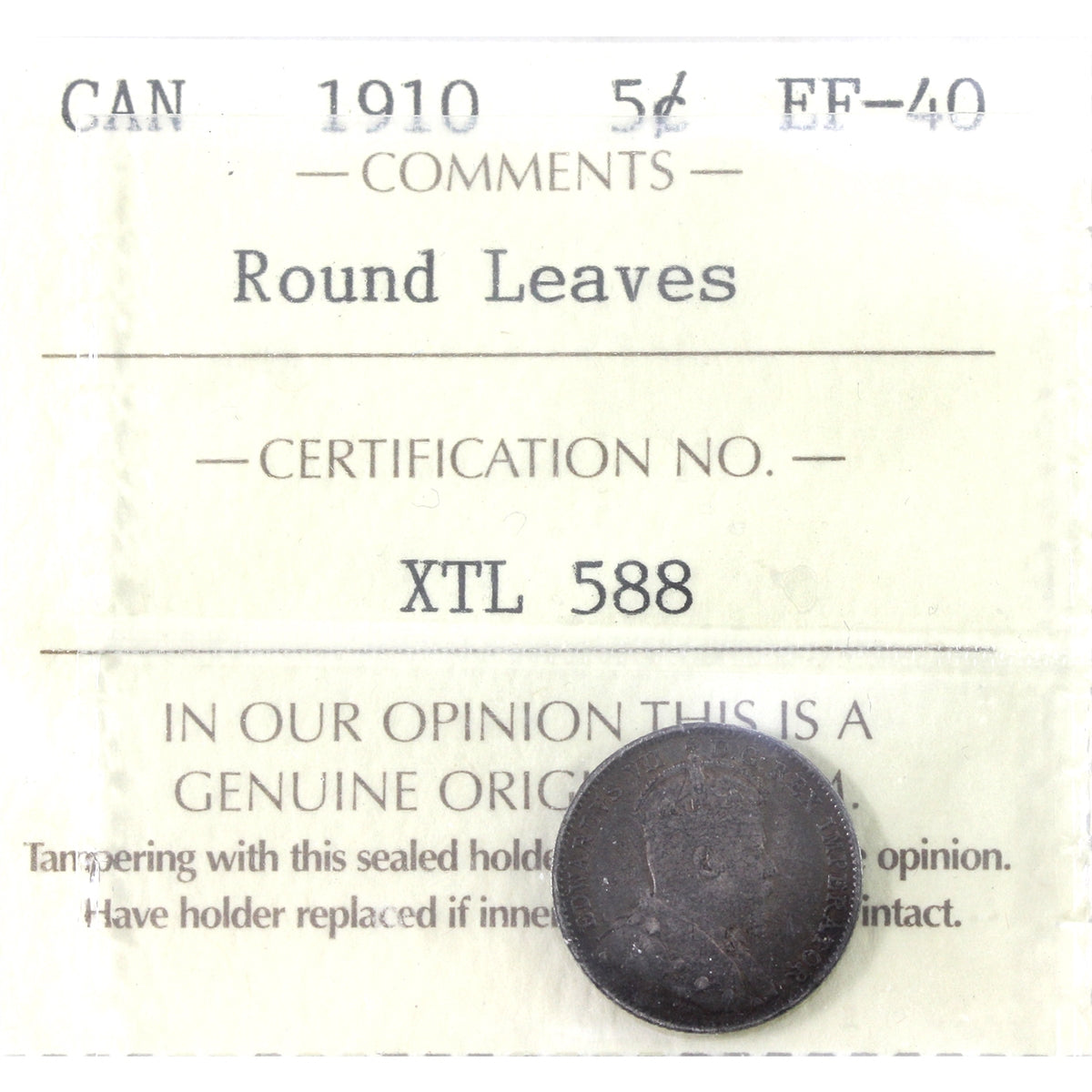 1910 Round Leaves Canada 5-cents ICCS Certified EF40