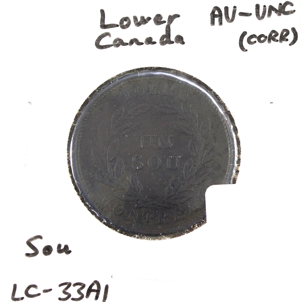 LC-33A1 No Date Lower Canada Un Sou, Agriculture, Bank Token, AU-UNC (AU-55) Corrosion