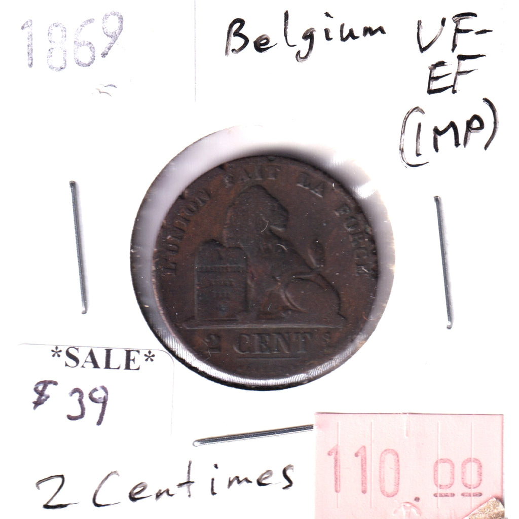 Belgium 1869 2 Centimes VF-EF (VF30) impaired