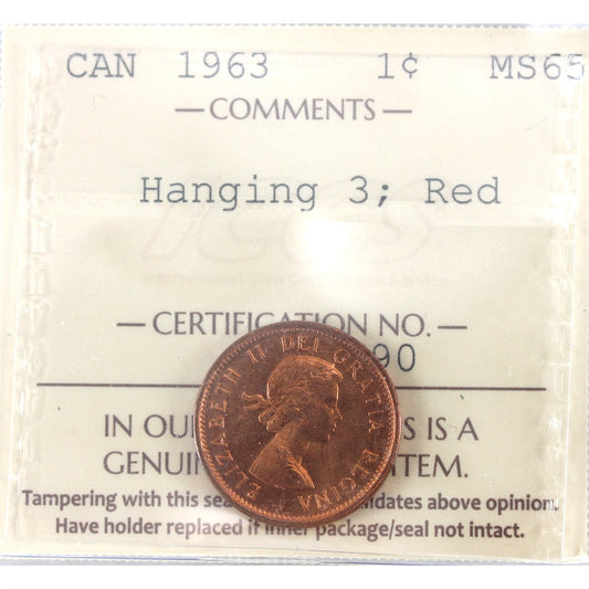 1963 Hanging 3 Canada 1-cent ICCS Certified MS65 Red