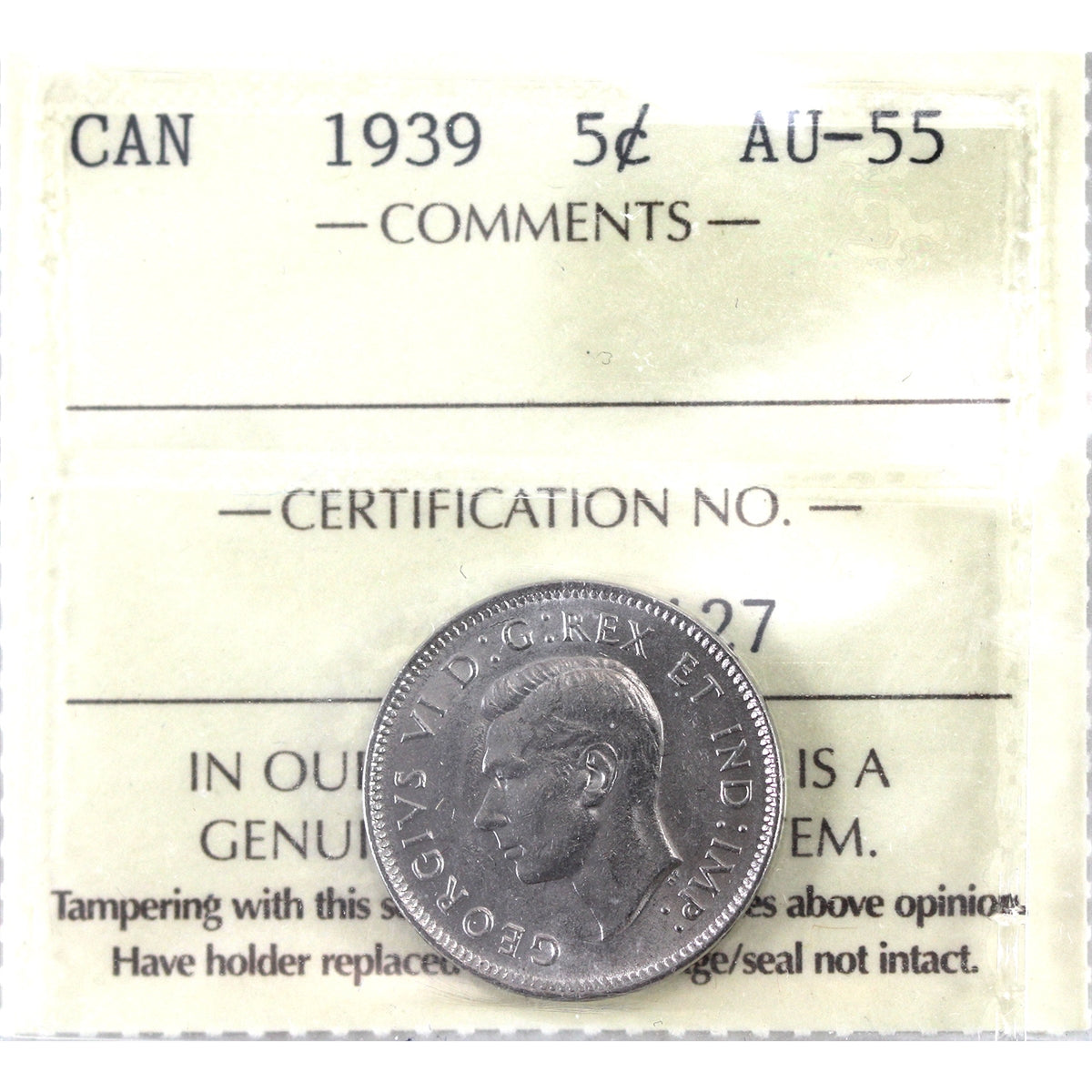 1939 Canada 5-cents ICCS Certified AU55