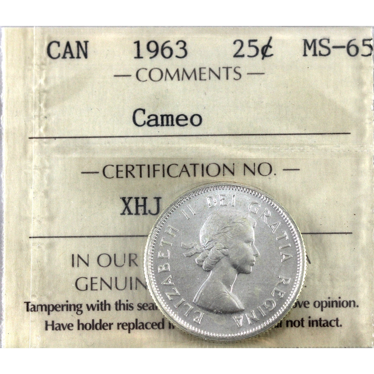 1963 Canada 25-cents ICCS Certified MS65 Cameo