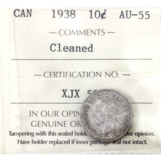 1938 Canada 10-cents ICCS Certified AU55 (Cleaned)