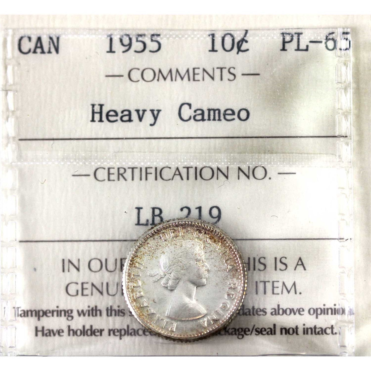 1955 Canada 10-cents ICCS Certified PL65 Heavy Cameo