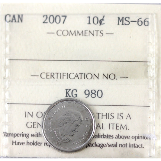 2007 Canada 10-cents ICCS Certified MS66