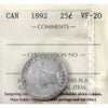 1892 Canada 25-cents ICCS Certified VF20
