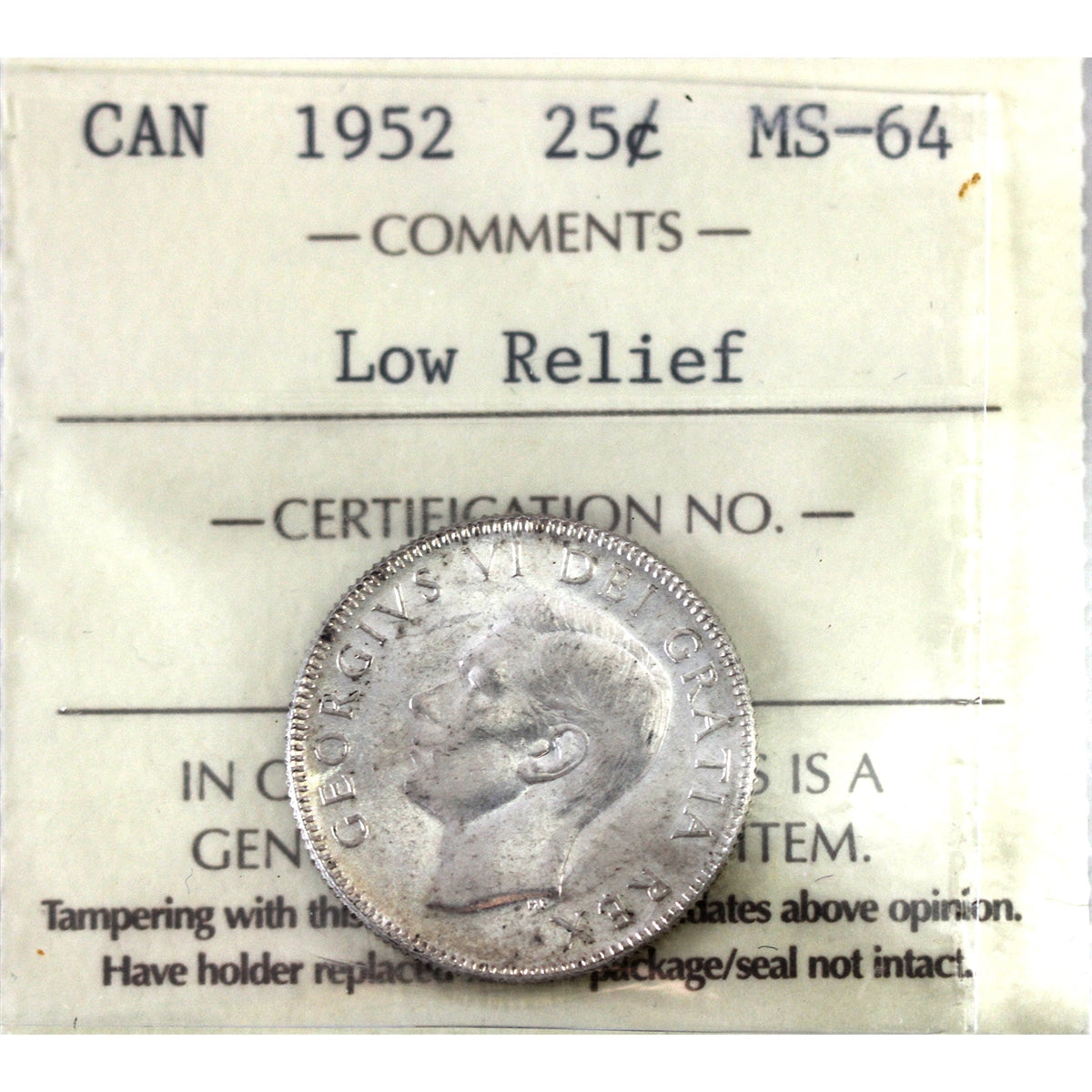 1952 Low Relief Canada 25-cents ICCS Certified MS64