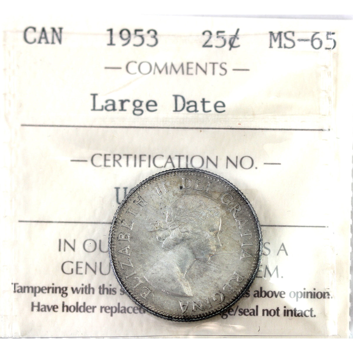 1953 Large Date Canada 25-cents ICCS Certified MS65