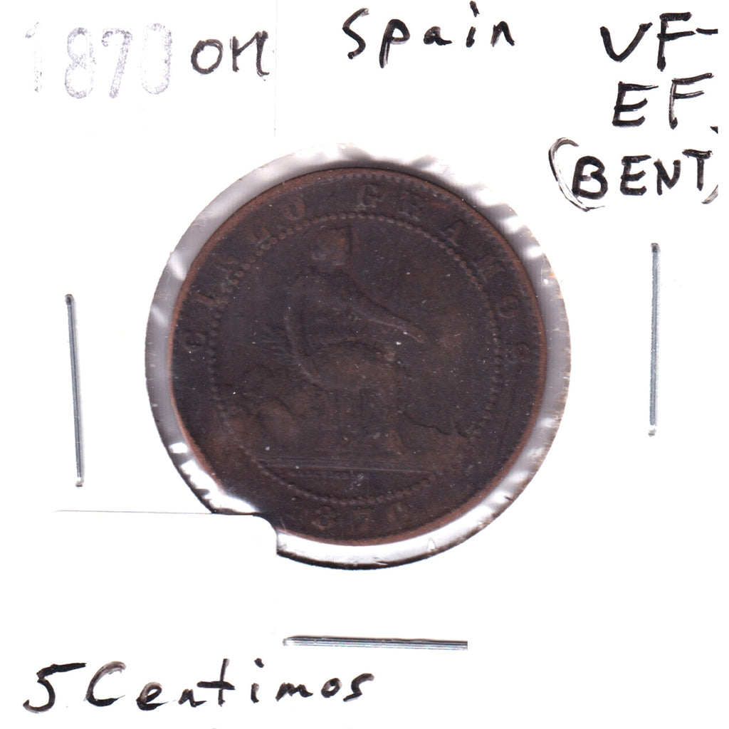 Spain 1870OM 5 Centimos VF-EF (VF30) Bent