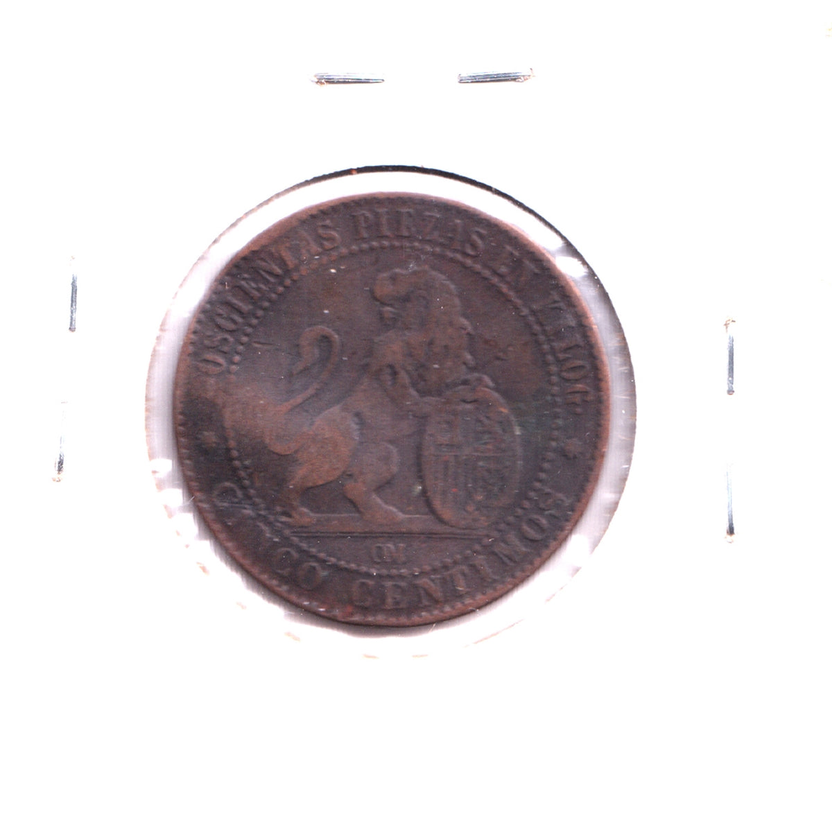 Spain 1870OM 5 Centimos VF-EF (VF30) Bent