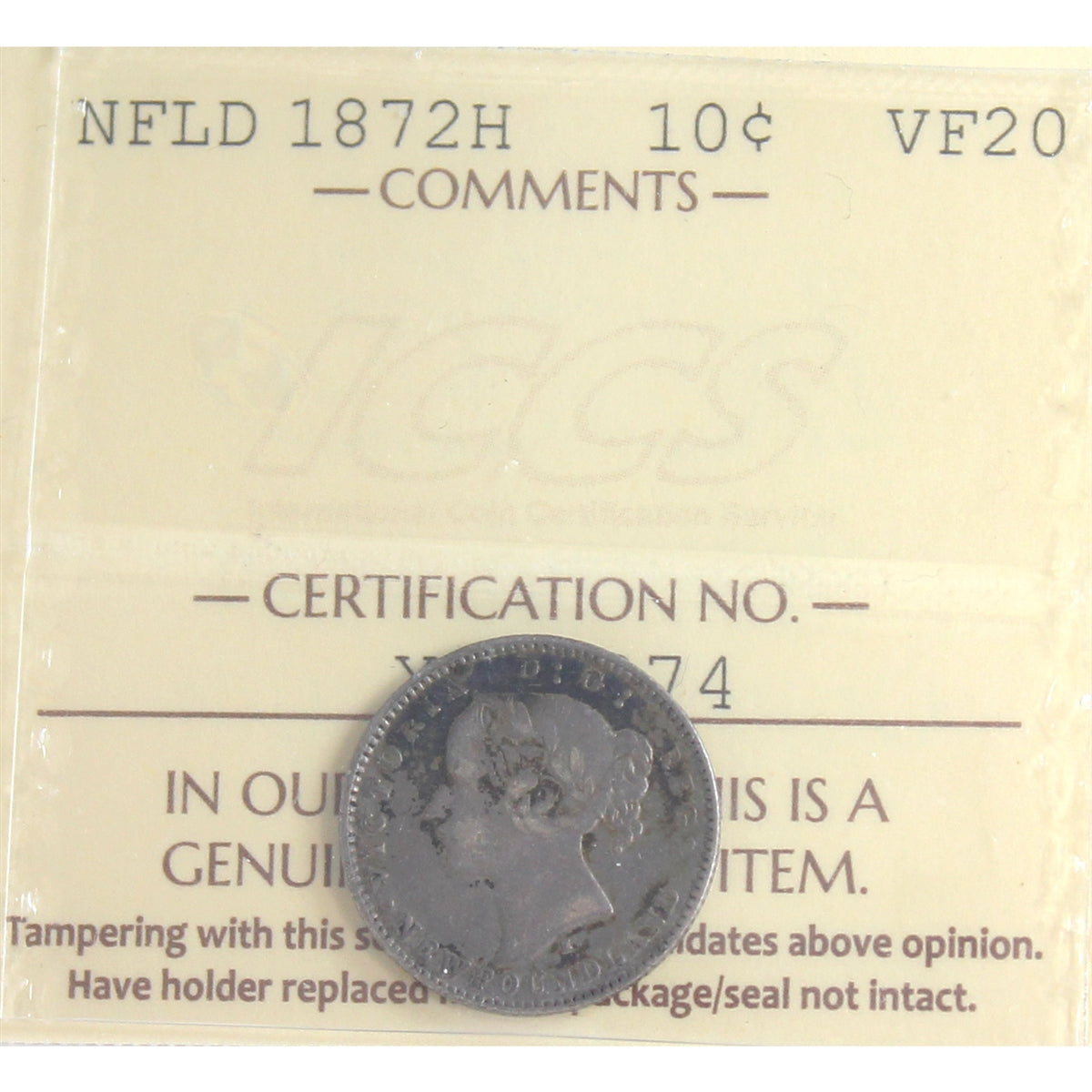 1872H Newfoundland 10-cents ICCS Certified VF-20