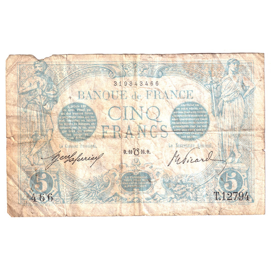 France 1916 5 Francs Note, Pick #70, VF (Damaged)