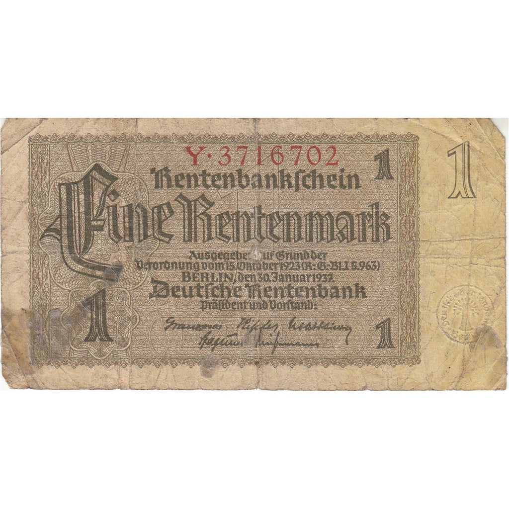 Germany Note 1937 1 Rentenmark 7 Digit, VG (damaged)