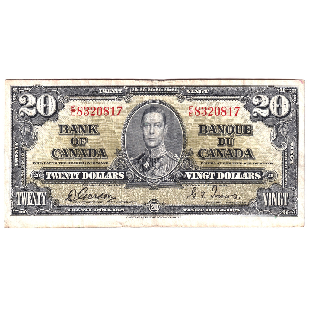 BC-25b 1937 Canada $20 Gordon-Towers, Very Fine (VF20) Stain, tears, or damaged