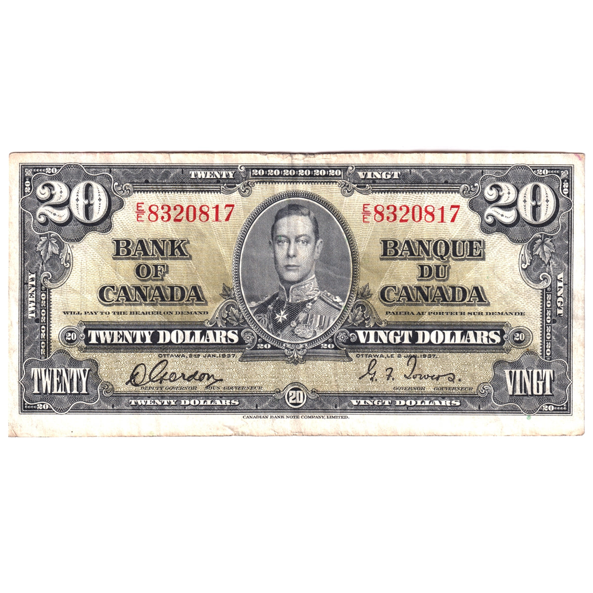 BC-25b 1937 Canada $20 Gordon-Towers, Very Fine (VF20) Stain, tears, or damaged