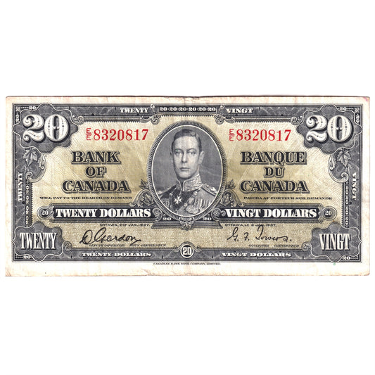 BC-25b 1937 Canada $20 Gordon-Towers, Very Fine (VF20) Stain, tears, or damaged